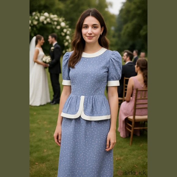 Vintage 70s 80s Elegant Blue Dress with White Polka Dots and Accents - Picture 1 of 11